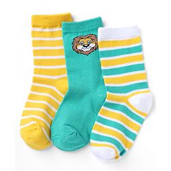 Cutewalk By Babyhug Knit Ankle Length Striped Antibacterial Socks With Animal Design Pack of 3 - Yellow Green White