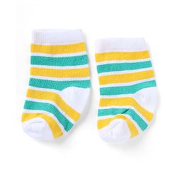 Cutewalk By Babyhug Knit Ankle Length Striped Antibacterial Socks With Animal Design Pack of 3 - Yellow Green White