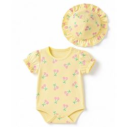 Babyhug 100% Cotton Interlock Knit Half Sleeves Onesies With Cherry Print & Cap- Yellow