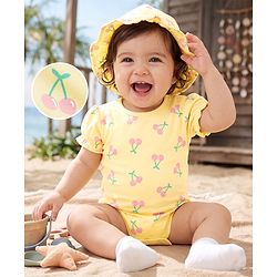 Babyhug 100% Cotton Interlock Knit Half Sleeves Onesies With Cherry Print & Cap- Yellow