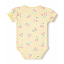 Babyhug 100% Cotton Interlock Knit Half Sleeves Onesies With Cherry Print & Cap- Yellow