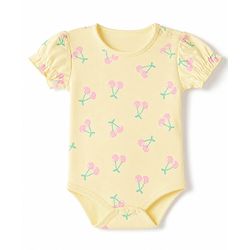 Babyhug 100% Cotton Interlock Knit Half Sleeves Onesies With Cherry Print & Cap- Yellow