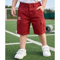 Babyhug Twill Woven Comfort Fit Above Knee Length Bermuda with Athletic Dept. of New York Embroidery in Maroon