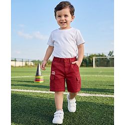 Babyhug Twill Woven Comfort Fit Above Knee Length Bermuda with Athletic Dept. of New York Embroidery in Maroon