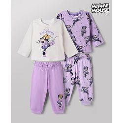 Babyhug Disney 100% Cotton Single Jersey Knit Full Sleeves Co-ord T-Shirt & Pajama Night Suit with Minnie Mouse Graphic & Hearts Print Pack of 2 - White & Lilac