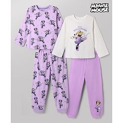 Babyhug Disney 100% Cotton Single Jersey Knit Full Sleeves Co-ord T-Shirt & Pajama Night Suit with Minnie Mouse Graphic & Hearts Print Pack of 2 - White & Lilac