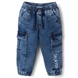 Babyhug Denim Full Length Joggers with Team Player Print in Blue for 9-12 Months