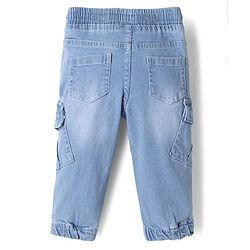 Babyhug Full Length Washed Denim Joggers with Stretch and Cargo Pockets - Blue