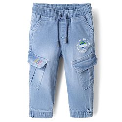 Babyhug Full Length Washed Denim Joggers with Stretch and Cargo Pockets - Blue