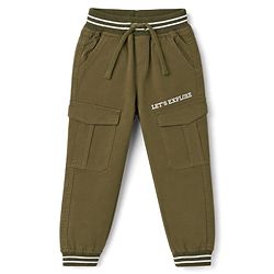 Babyhug Twill Woven Full Length Trousers with Pocket & Text Print - Olive Green