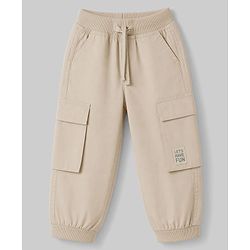 Babyhug Poplin 100% Cotton Woven Full Length Trousers with Text Patch & Cargo Pockets - Beige