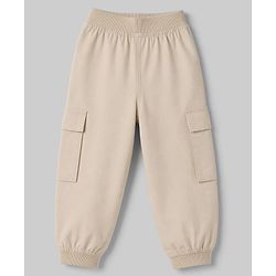 Babyhug Poplin 100% Cotton Woven Full Length Trousers with Text Patch & Cargo Pockets - Beige