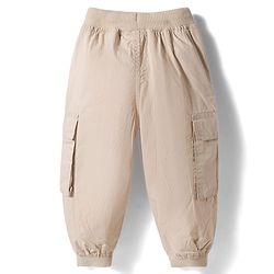 Babyhug Poplin 100% Cotton Woven Full Length Trousers with Text Patch & Cargo Pockets - Beige