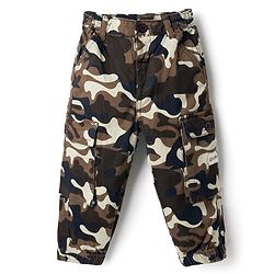 Babyhug Twill Woven Full Length Camouflage Trousers with Stretch & Pockets - Beige & Brown
