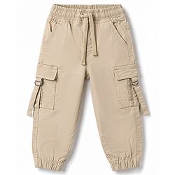 Babyhug Twill Woven Full Length Solid Color Trousers with  Cargo Pockets - Beige