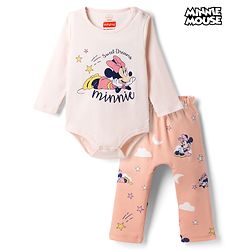 Babyhug Disney Interlock Knit Full Sleeves Onesie With Diaper Legging and Minnie Mouse Graphic - Pink