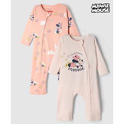 Babyhug Disney Interlock Knit Full Sleeve Rompers With Minnie Mouse Graphic Pack of 2 - Peach & Pink