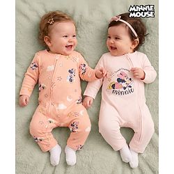 Babyhug Disney Interlock Knit Full Sleeve Rompers With Minnie Mouse Graphic Pack of 2 - Peach & Pink