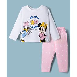 Babyhug Single Jersey Knit Full Sleeves T-Shirt & Pyjama Night Suit with Minnie & Daisy Print - White