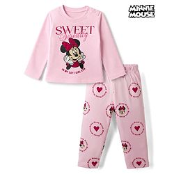 Babyhug Disney Single Jersey Knit Full Sleeves T-Shirt & Pyjama Night Suit with Minnie Mouse Print - Pink