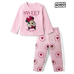 Babyhug Disney Single Jersey Knit Full Sleeves T-Shirt & Pyjama Night Suit with Minnie Mouse Print - Pink