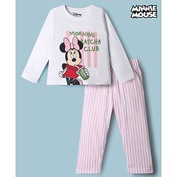 Babyhug Disney Single Jersey Knit Full Sleeves T-Shirt & Striped Pyjama Night Suit with Minnie Mouse Print - White