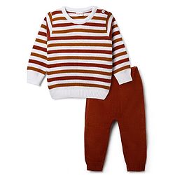 Babyhug Knit Full Sleeves Striped Sweater Set - Rust Orange