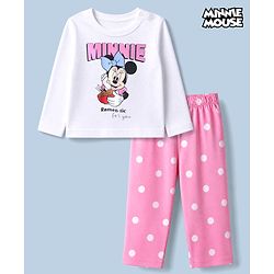 Babyhug Disney 100% Cotton Single Jersey Knit Full Sleeves T-Shirt & Pajama Night Suit with Minnie Mouse and Polka Dots Graphic Print - White & Pink
