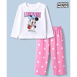 Babyhug Disney 100% Cotton Single Jersey Knit Full Sleeves T-Shirt & Pajama Night Suit with Minnie Mouse and Polka Dots Graphic Print - White & Pink