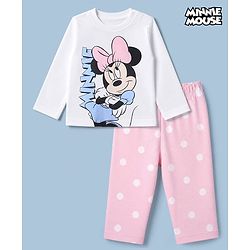 Babyhug Disney 100% Cotton Single Jersey Knit Full Sleeves T-Shirt & Pyjama Night Suit with Polka Dots & Minnie Mouse Print - White