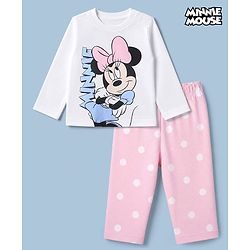 Babyhug Disney 100% Cotton Single Jersey Knit Full Sleeves T-Shirt & Pyjama Night Suit with Polka Dots & Minnie Mouse Print - White