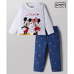 Babyhug Disney 100% Cotton Single Jersey Knit Full Sleeve T Shirt Pyjama Set With Minnie & Friends Graphic Print - Navy Blue