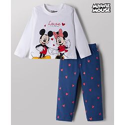 Babyhug Disney 100% Cotton Single Jersey Knit Full Sleeve T Shirt Pyjama Set With Minnie & Friends Graphic Print - Navy Blue