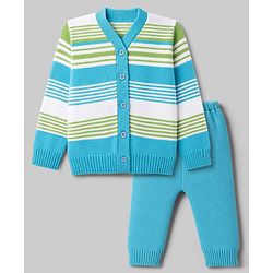 Babyhug Knit Full Sleeves Striped Sweater Set - Limegreen