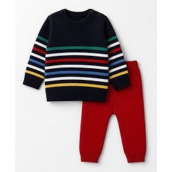 Babyhug Knit Full Sleeves Sweater Set with Striped Design - Navy Blue