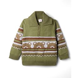 Babyhug Knit Full Sleeves Sweater Set With Bear Design - Olive Green