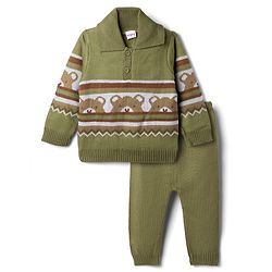Babyhug Knit Full Sleeves Sweater Set With Bear Design - Olive Green