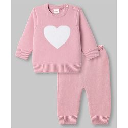 Babyhug Knit Full Sleeves Baby Sweater Set with Heart Design - Red
