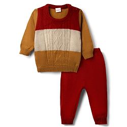 Babyhug Knit Full Sleeves Sweater Set With Cable Knit Design - Maroon