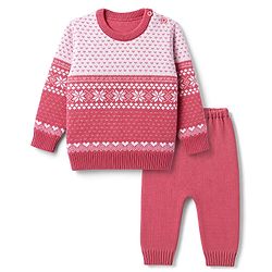 Babyhug Knit Full Sleeves Floral & Heart Design Sweater Set - Red