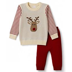 Babyhug Knit Full Sleeves Striped & Reindeer Designed Sweater Set - Cream