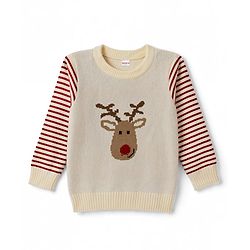 Babyhug Knit Full Sleeves Striped & Reindeer Designed Sweater Set - Cream