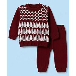Babyhug Knit Full Sleeves Sweater Set with Abstract Design - Dark Red