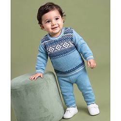 Babyhug Knit Full Sleeves Argyle Design Sweater Set - Light Blue