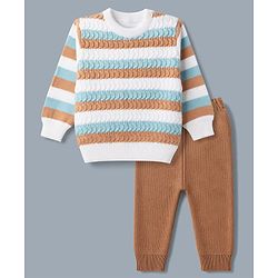 Babyhug Knit Full Sleeves Striped Sweater Set - Rust Orange