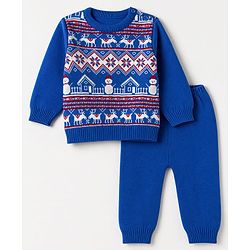Babyhug Knit Full Sleeves Sweater Set With Floral Design - Light Blue