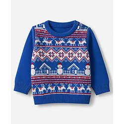 Babyhug Knit Full Sleeves Sweater Set With Floral Design - Light Blue