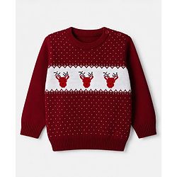 Babyhug Knit Full Sleeves Sweater Set with Heart & Christmas Theme Design - Red