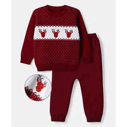 Babyhug Knit Full Sleeves Sweater Set with Heart & Christmas Theme Design - Red