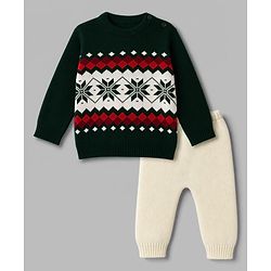 Babyhug Knit Full Sleeves Sweater Set with Geometric Design - Dark Green